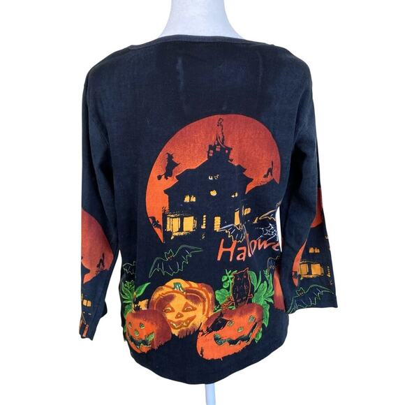 Vintage Jane Ashley Sz M Halloween Shirt Black Orange Beaded Haunted House - Picture 3 of 15
